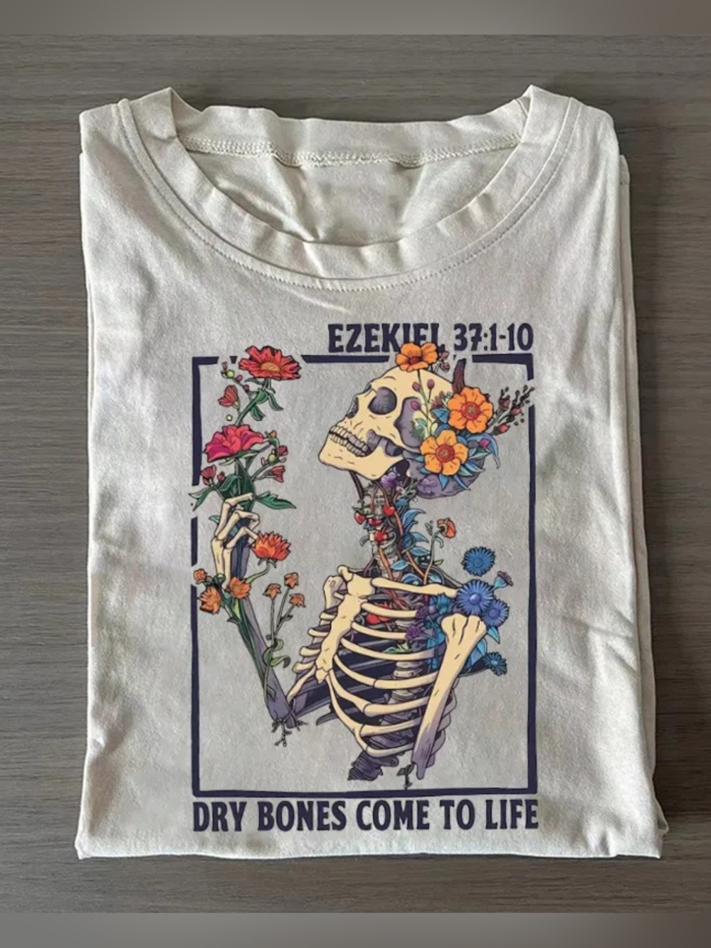Colorful Skeletal Floral Graphic 'Dry Bones Come to Life' White Crewneck T-Shirt